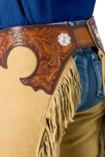 Sierra Tan Suede Western Show Chaps with Tooled Yoke Back View