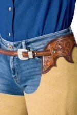 Sierra Tan Suede Western Show Chaps with Tooled Yoke Front View