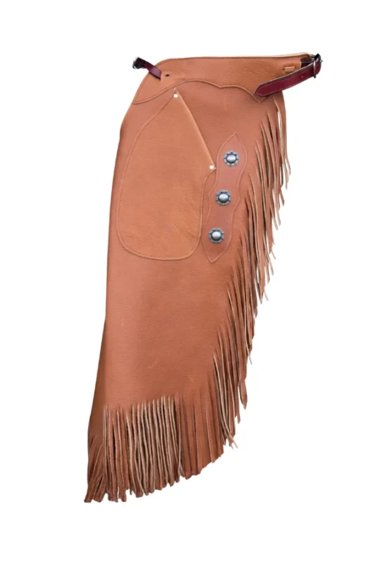 Sierra Trail Leather Chink Chaps with Fringe and Concho Details
