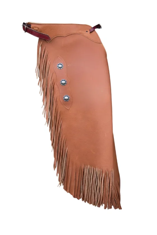 Sierra Trail Leather Chink Chaps with Fringe and Concho Details Side View