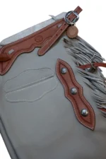 Silver Mesa Gray Leather Chink Chaps with Brown Accents and Conchos Details View