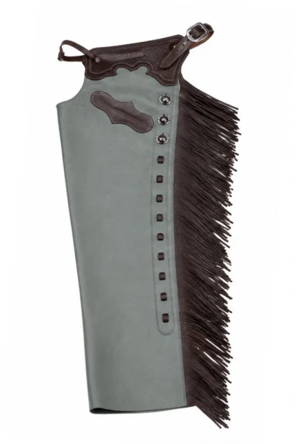 Silver Sage Leather Shotgun Chaps with Tooled Brown Yoke