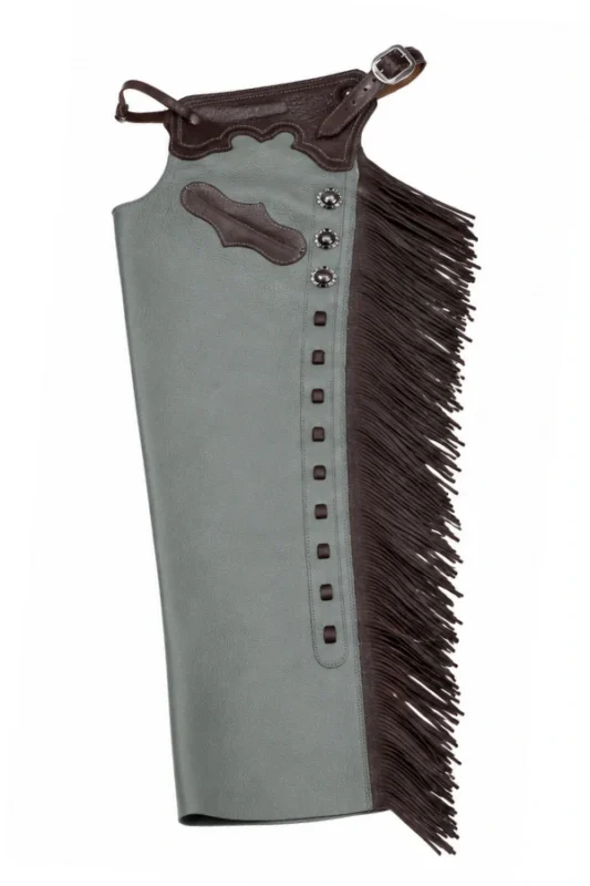 Silver Sage Leather Shotgun Chaps with Tooled Brown Yoke