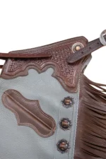 Silver Sage Leather Shotgun Chaps with Tooled Brown Yoke Details View