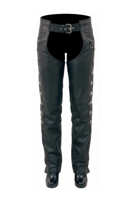 Silver Stud Western Women's Black Leather Motorcycle Chaps