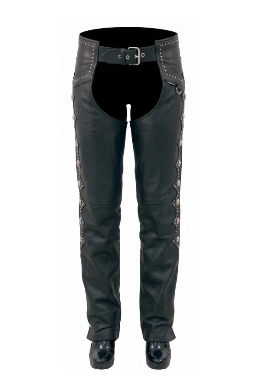 Silver Stud Western Women's Black Leather Motorcycle Chaps