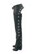 Silver Stud Western Women's Black Leather Motorcycle Chaps Side View