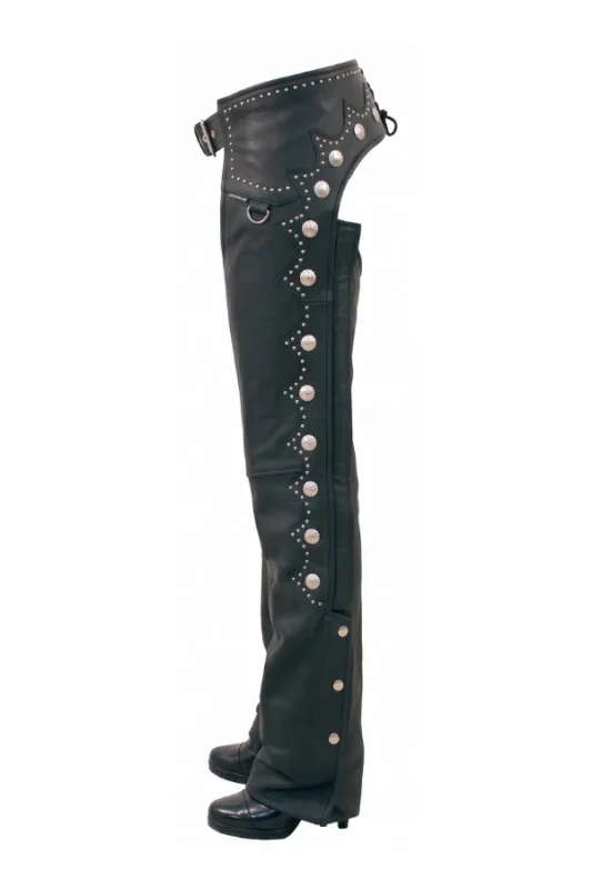 Silver Stud Western Women's Black Leather Motorcycle Chaps Side View