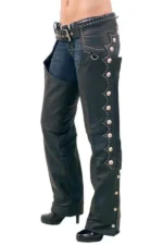 Silver Stud Western Women's Black Leather Motorcycle Chaps Worn View