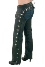 Silver Stud Western Women's Black Leather Motorcycle Chaps Worn Side View