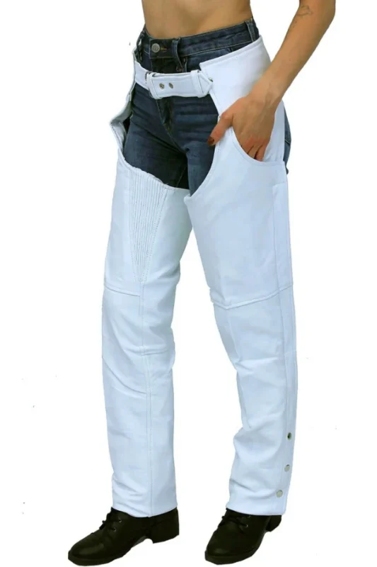 Snowline Stretch Women's White Leather Motorcycle Chaps Worn View