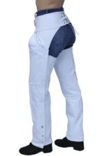 Snowline Stretch Women's White Leather Motorcycle Chaps Worn Side View