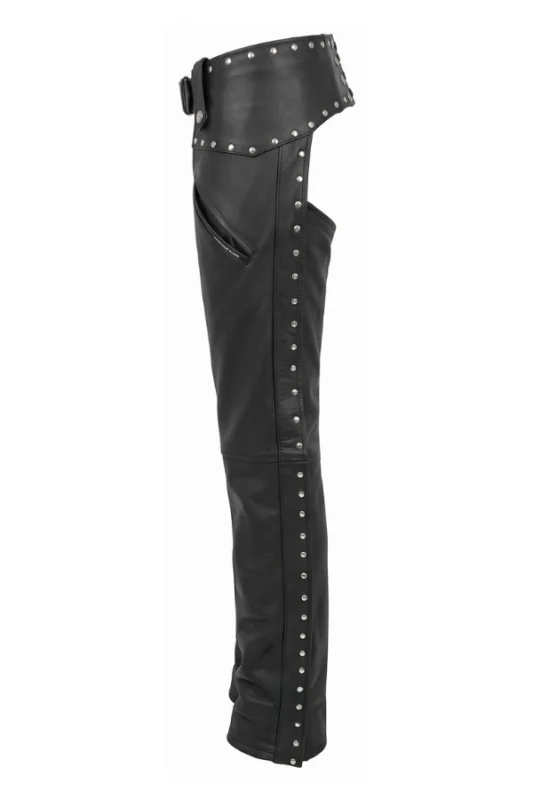 Steel Crest Women's Studded Black Leather Motorcycle Chaps Side View