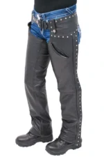 Steel Crest Women's Studded Black Leather Motorcycle Chaps Worn View