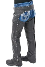Steel Crest Women's Studded Black Leather Motorcycle Chaps Worn Back View