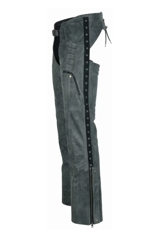 Storm Gray Women's Vintage Leather Motorcycle Chaps Side View