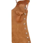 Tan Suede Batwing Chaps with Tooled Leather Yoke and Conchos