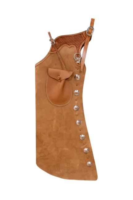 Tan Suede Batwing Chaps with Tooled Leather Yoke and Conchos