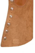 Tan Suede Batwing Chaps with Tooled Leather Yoke and Conchos Details View