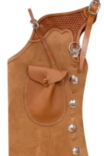 Tan Suede Batwing Chaps with Tooled Leather Yoke and Conchos Pocket View