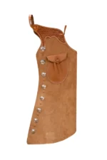 Tan Suede Batwing Chaps with Tooled Leather Yoke and Conchos Side View