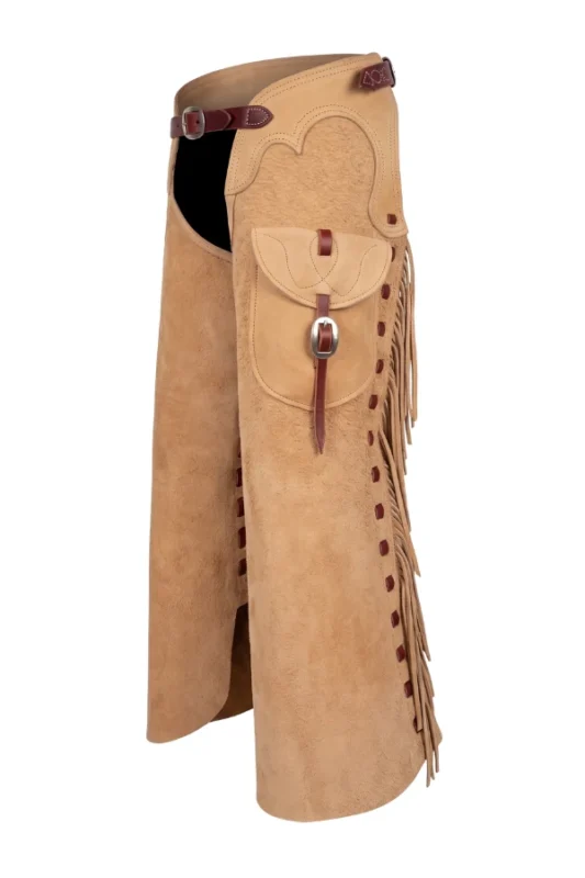 Tan Suede Leather Batwing Chaps with Long Fringe