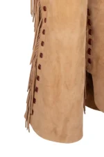 Tan Suede Leather Batwing Chaps with Long Fringe Details View
