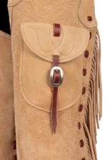 Tan Suede Leather Batwing Chaps with Long Fringe Pocket View
