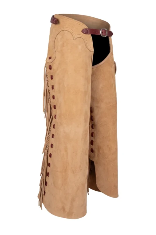 Tan Suede Leather Batwing Chaps with Long Fringe Side View