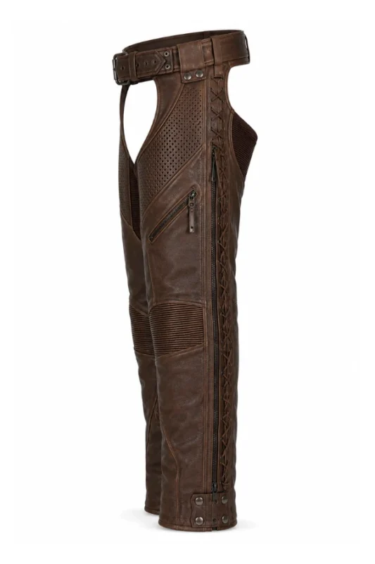 TerraVent Explorer Unisex Brown Leather Motorcycle Chaps Side View
