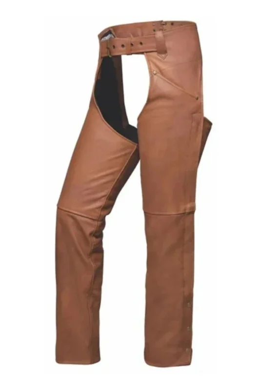 Trailmark Brown Leather Motorcycle Chaps for Men Details View