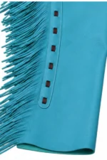 Turquoise Trail Fringe Shotgun Chaps with Tooled Brown Yoke Details View