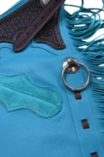 Turquoise Trail Fringe Shotgun Chaps with Tooled Brown Yoke View