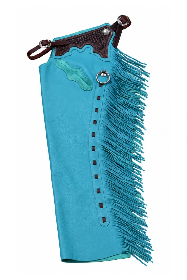 turquoise-trail-fringe-shotgun-chaps Turquoise Trail Fringe Shotgun Chaps with Tooled Brown Yoke