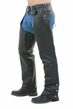 unisex black winter leather motorcycle chaps front