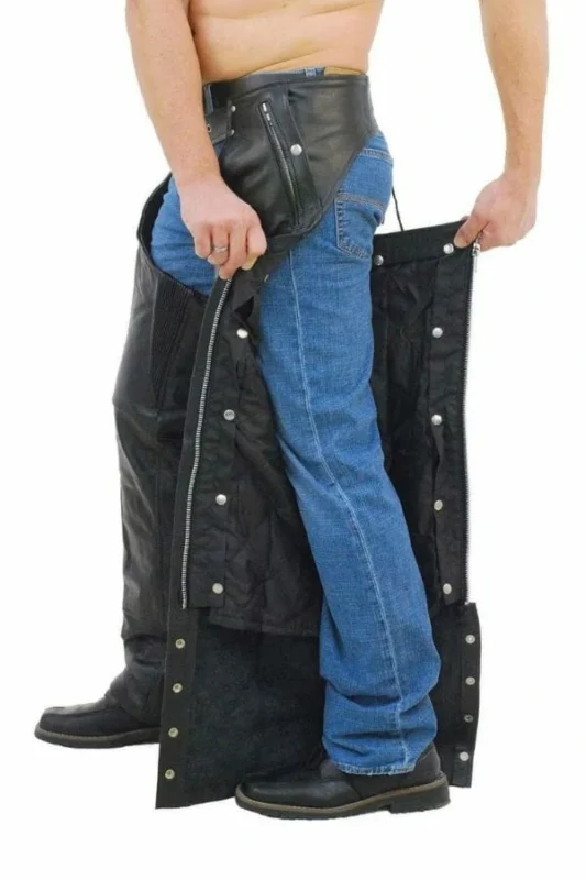 unisex black winter leather motorcycle chaps open view