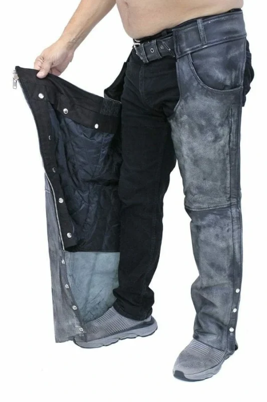 unisex charcoal winter leather motorcycle chaps open view