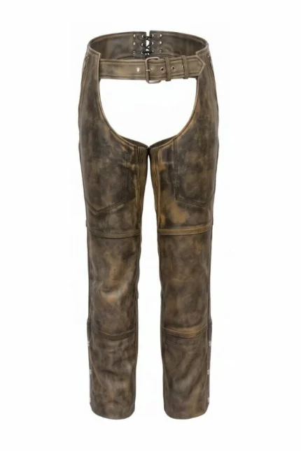 unisex distressed brown winter leather motorcycle chaps