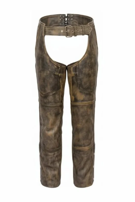 unisex distressed brown winter leather motorcycle chaps