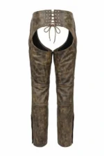 unisex distressed brown winter leather motorcycle chaps back