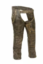 unisex distressed brown winter leather motorcycle chaps front