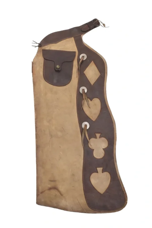 Vintage Tan Leather Batwing Chaps with Western Card-Suit Appliqué