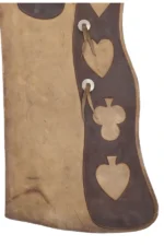 Vintage Tan Leather Batwing Chaps with Western Card-Suit Appliqué Details View