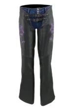 Violet Flame Women's Black Leather Motorcycle Chaps Worn View