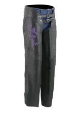 Violet Flame Women's Black Leather Motorcycle Chaps Worn Side View