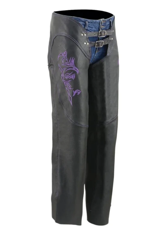 Violet Flame Women's Black Leather Motorcycle Chaps Worn Side View
