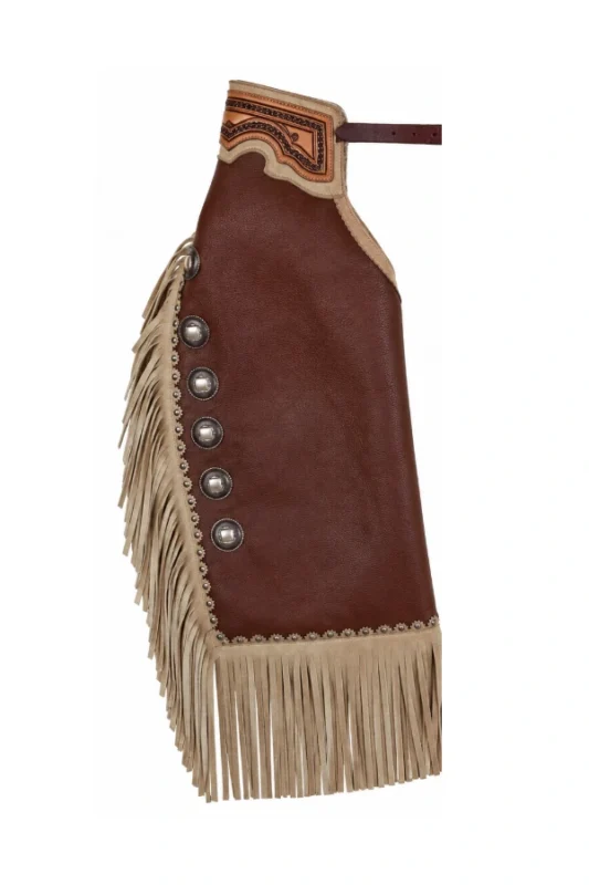 Western Heritage Brown Leather Chink Chaps with Tan Fringe Side View